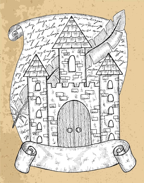 타워 퀼과 오래된 배너가 있는 흑백의 국장