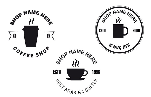 Black and white coffe shop branding labels on a white background