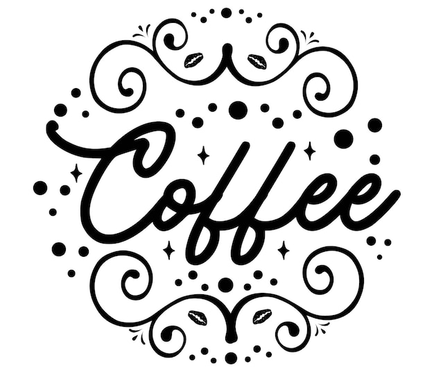 A black and white coffee sign with swirls and the word coffee on it.