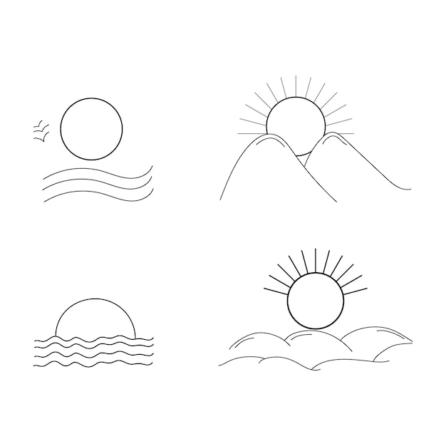 Black and White Collection Sunset Sunrise Vector Icon Illustration