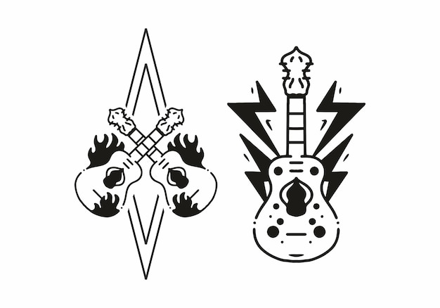 Vector black and white color of guitar tattoo design