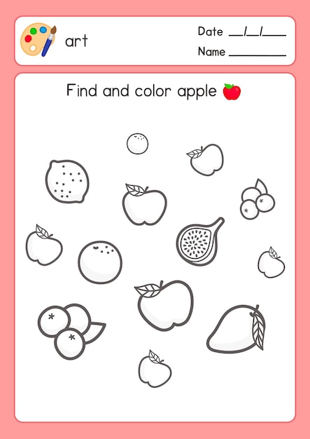 Black and white coloring fruits outline about find apple in science subject exercises sheet kawaii