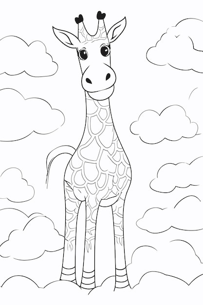 Black and white coloring page of african giraffe for kids