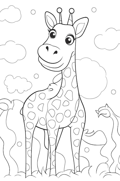 Black and white coloring page of african giraffe for kids