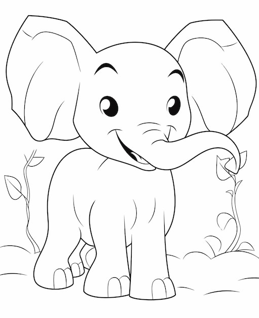 Black and white coloring page of baby elephant for kids