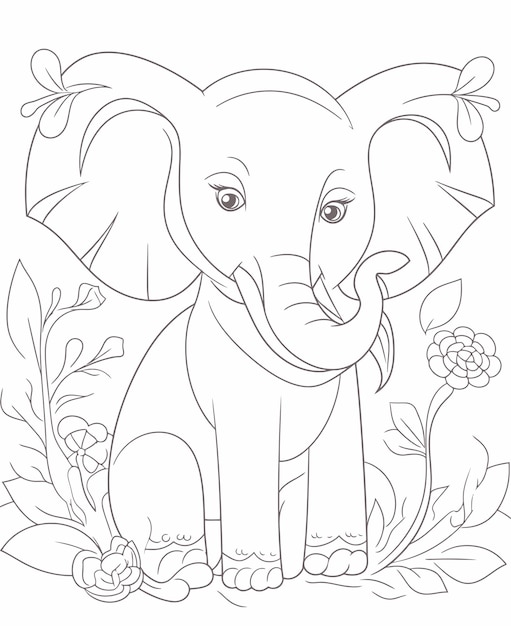 Black and white coloring page of baby elephant for kids