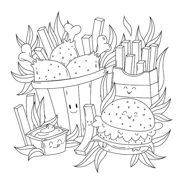 Black and white coloring page of cute doodle junk food for children