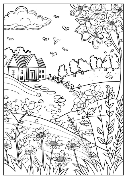 黒と白の子供のためのカラーページ 春のテーマ 漫画のスタイル 明確な線 細部の少ない シャー