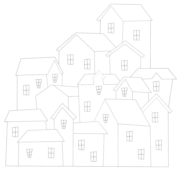 Black and white coloring page of little houses