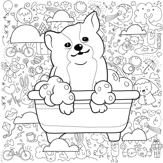 Black and white coloring pages for kids The Corgi is happily bathing in the bathtub