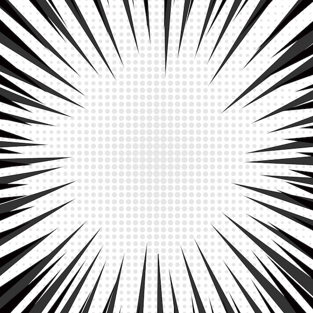 Black and white comic book page background in pop art style with empty space. template with rays, dots and halftone effect texture. vector illustration