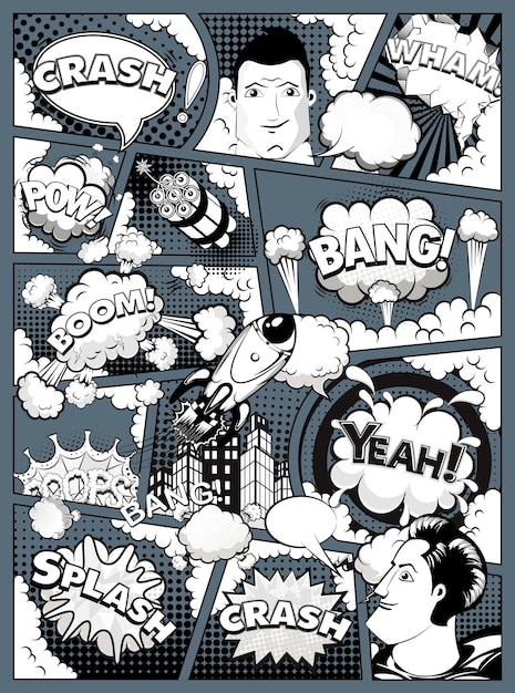 Черно-белая страница комиксов разделена линиями на темном фоне с речевыми пузырями, ракетой, супергероем и звуковым эффектом. Векторная иллюстрация