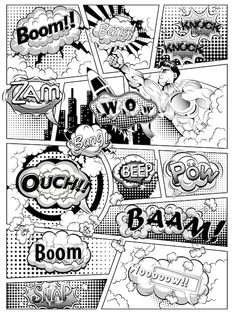 Vector black and white comic book page divided by lines with speech bubbles, rocket, superhero hand and sou