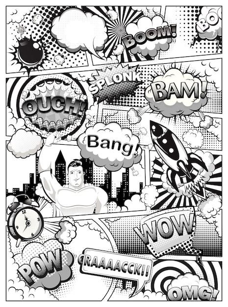 Black and white comic book page divided by lines with speech bubbles, rocket, superhero hand and sou