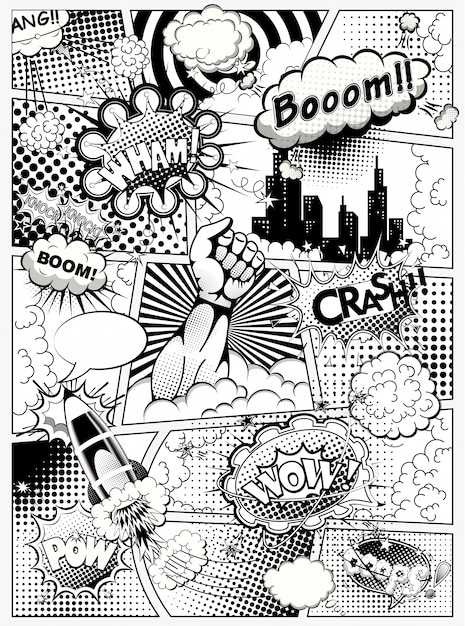 Black and white comic book page divided by lines with speech bubbles, rocket, superhero hand and sounds effect. illustration