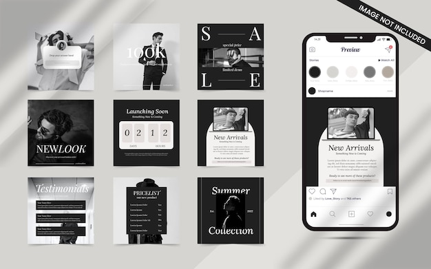 Black white content creator background for social media post set of instagram sale banner promotion with editable photo