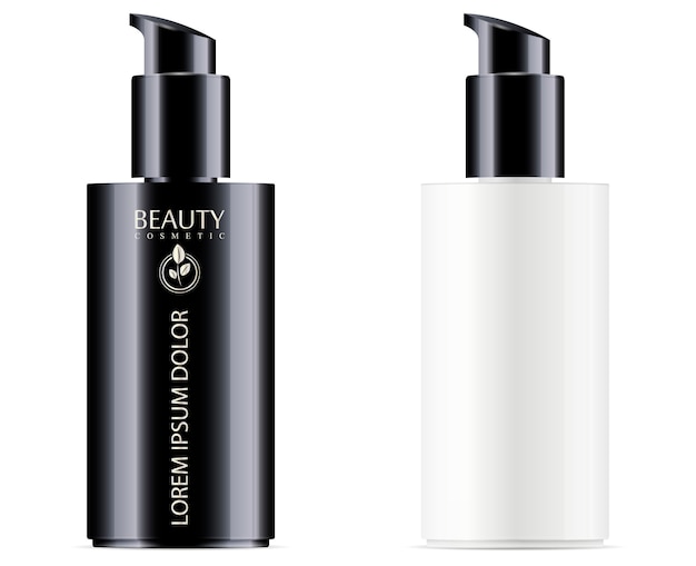 Black and white cosmetic bottle with black pump dispenser lid for moisturizer and facial liquid products.