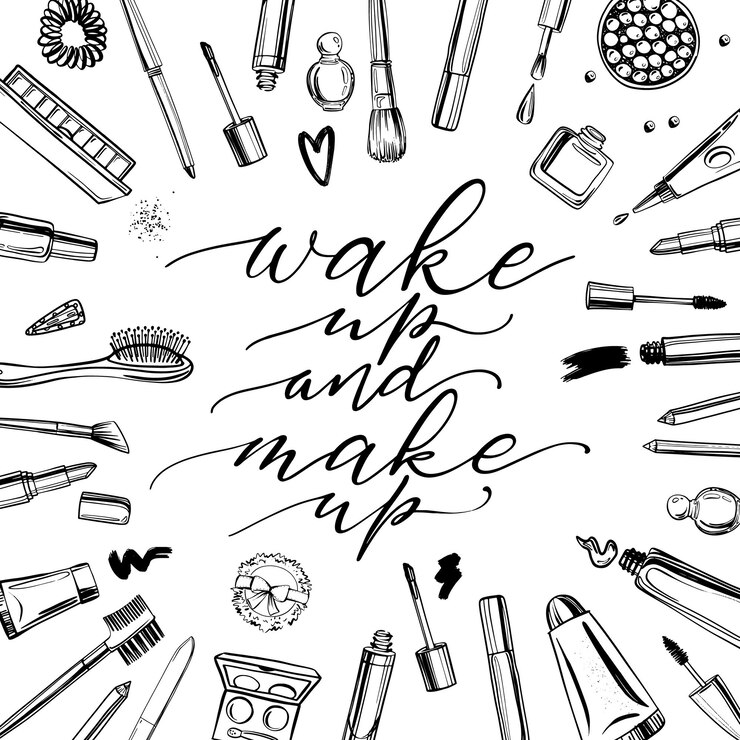 Black and white cosmetics background with lettering wake up and make up Hand drawn decorative cosmetics set