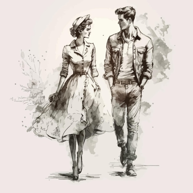Black and white couple illustration in watercolor and sketch style