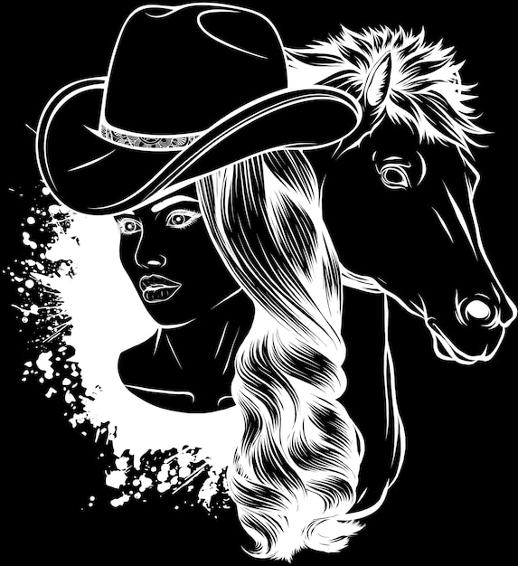 Vettore illustrazione vettoriale in bianco e nero di cowgirl