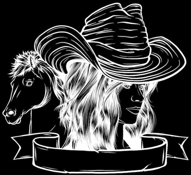 Vettore illustrazione vettoriale in bianco e nero di cowgirl