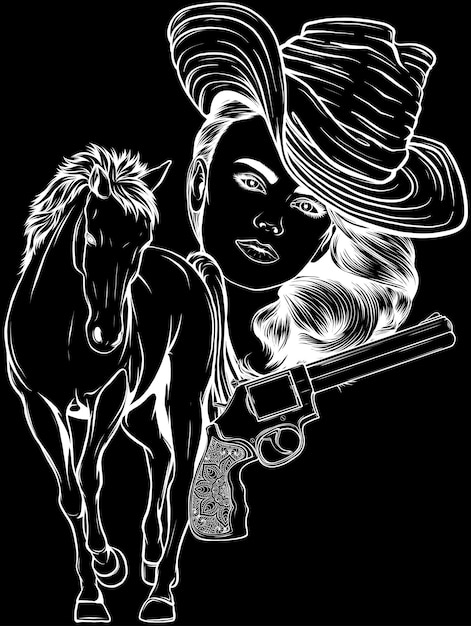 Vettore illustrazione vettoriale in bianco e nero di cowgirl