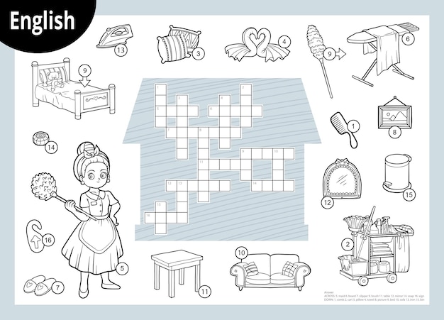 어린이 가정부 및 가정용 가구를 위한 영어 교육 게임의 흑백 크로스워드