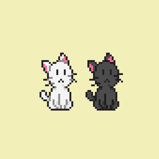 black and white cute cat in pixel art style