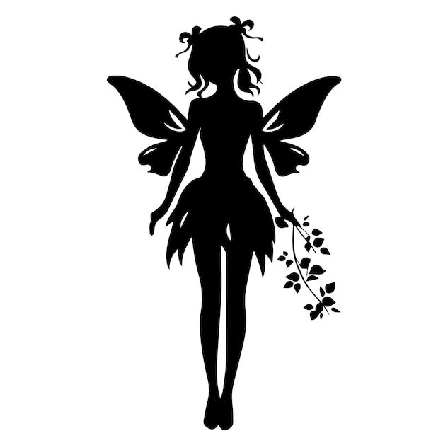 A black and white of a cute fairy silhouette vector