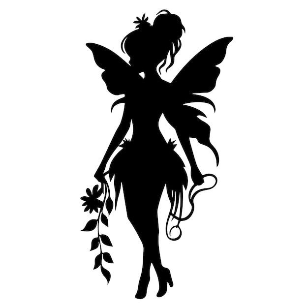 A black and white of a cute fairy silhouette Vector