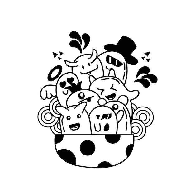 Black and white cute monster doodle art in bowl