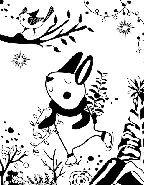 Simpatico coniglio bianco e nero in una sciarpa sui pattini con bacca invernale, foglie, albero di natale, stelle.