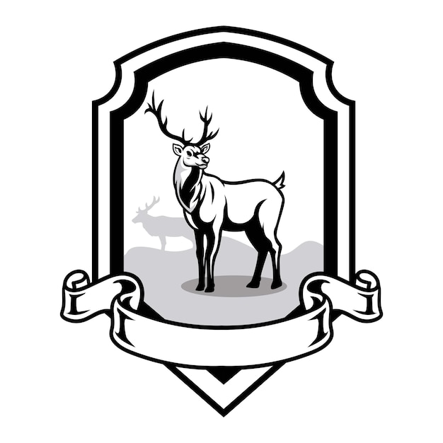 Vector black and white deer vector illustration with adventure badge