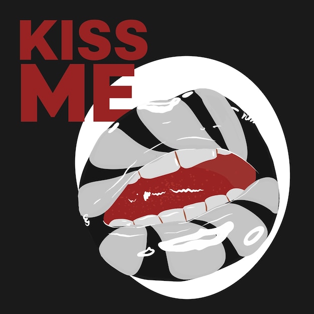 Black and white design kiss me inscription stylish card with painted lips bright makeup