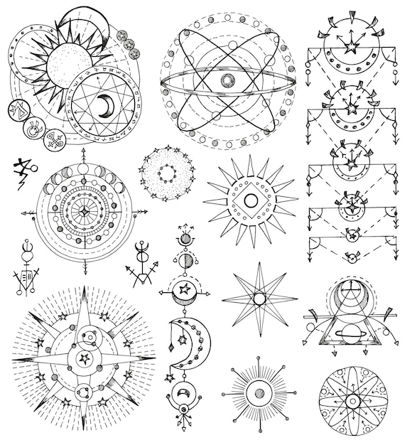 Black and white design set with fantasy mystic symbols and signs of sun and moon isolated on white