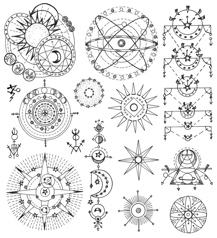 Vector black and white design set with fantasy mystic symbols and signs of sun and moon isolated on white