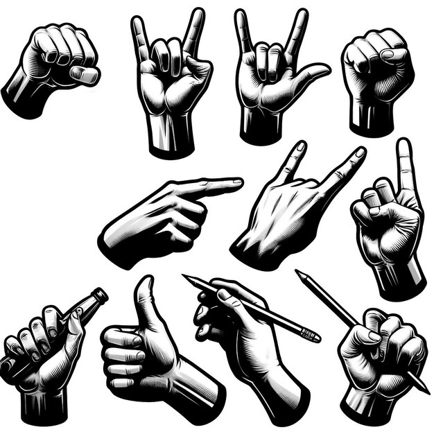 Vector black and white detailed vector hand gestures
