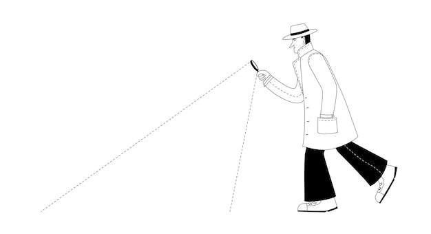 Black and white, detective in a hat and cloak looking for something with a magnifying glass, cartoon