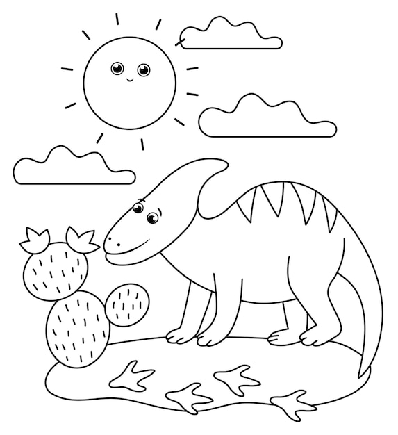 Black and white Pterodactyl dino flying among the clouds to nest with eggs.  Summer scene outline illustration with cute dinosaur. Funny prehistoric  reptiles coloring page for children. Stock Vector