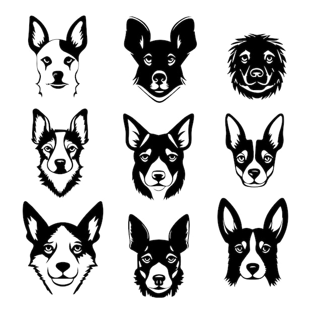 A black and white of dog face set vector