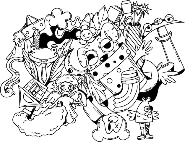 Black and white doodle art of fun monsters