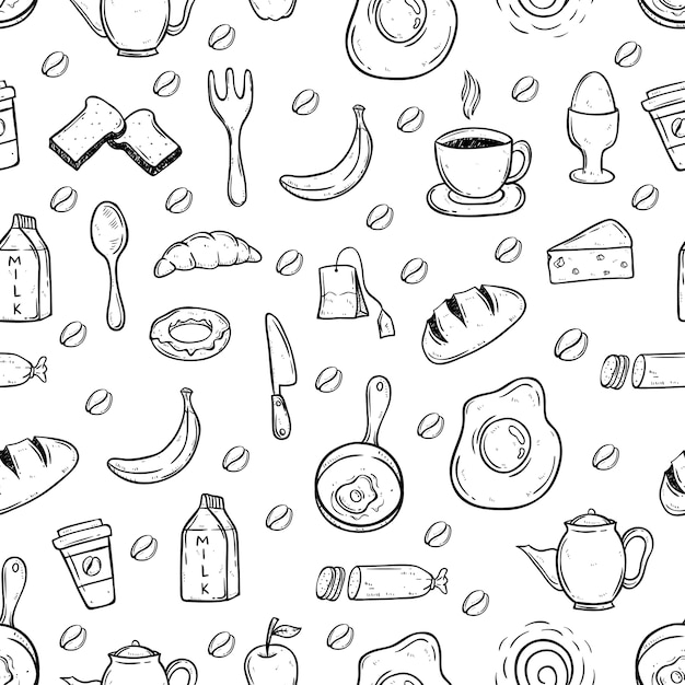 Black and white doodle healthy food in seamless pattern