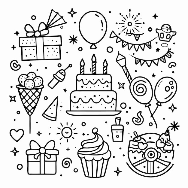 생일 케이크 선물 풍선 아이스크림 컵케이크 및 불꽃놀이를 포함한 파티 아이템의 검은색과 색 도들