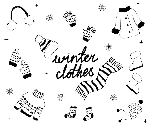 black and white doodle set of winter clothes