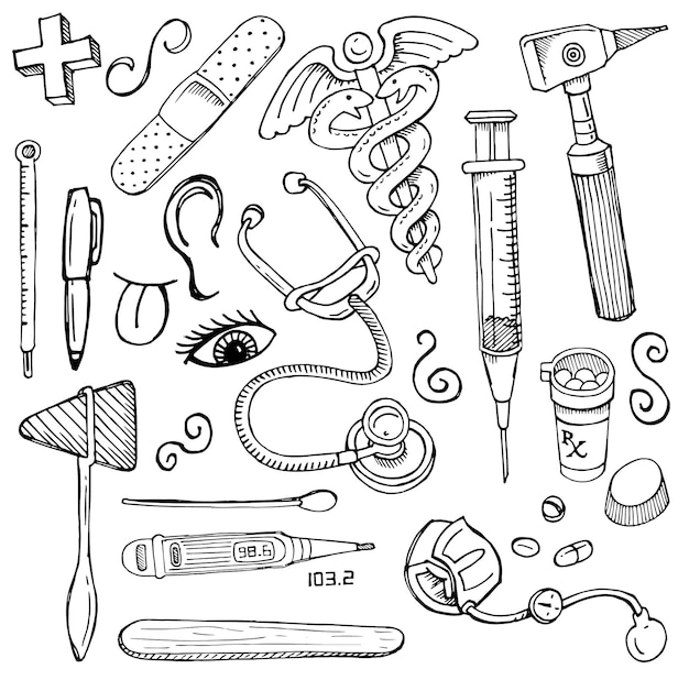 Vector black and white doodles of various medical equipment thermometer syringe stethoscope bandaid me