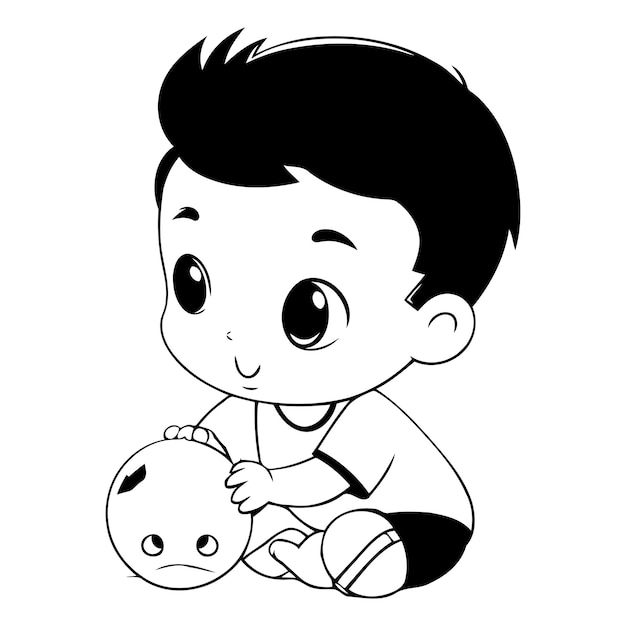 Vettore un disegno in bianco e nero di un bambino che gioca con una palla