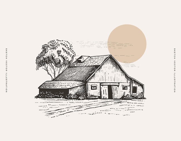 Black and white drawing of barn