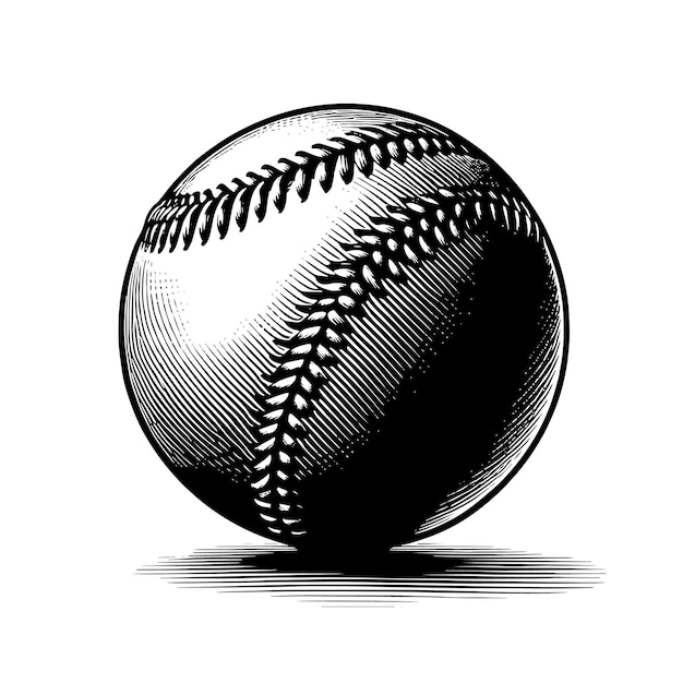 a black and white drawing of a baseball with a ball and the word baseball on it