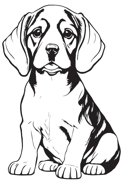 A black and white drawing of a beagle dog with a black nose and a white outline