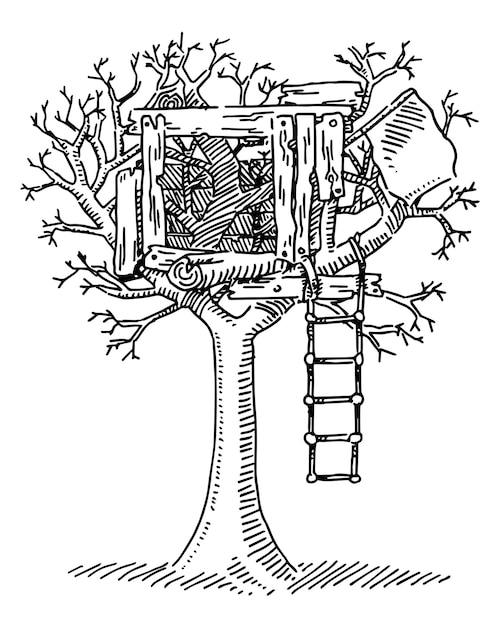a black and white drawing of a bird in a tree